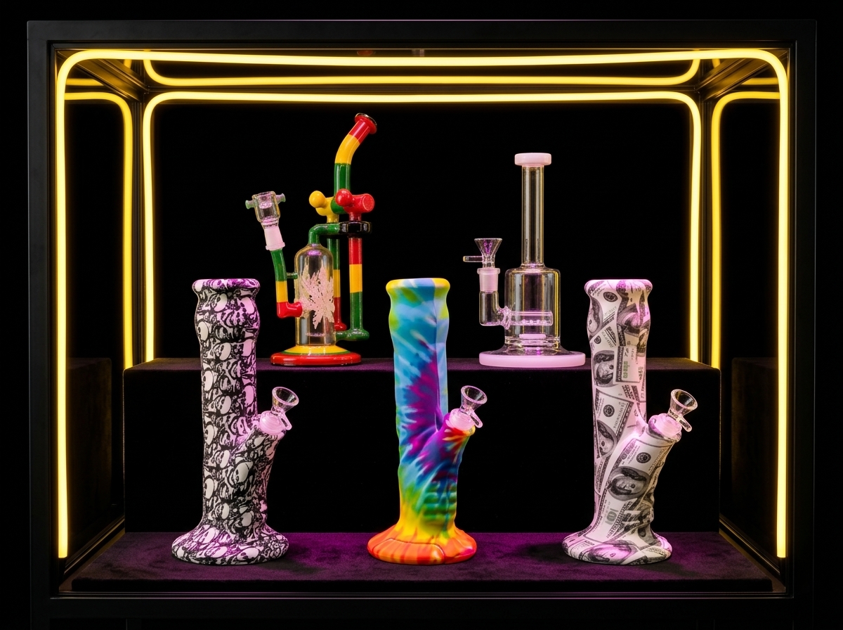 Bongs de colores y accesorios de vidrio en vitrina