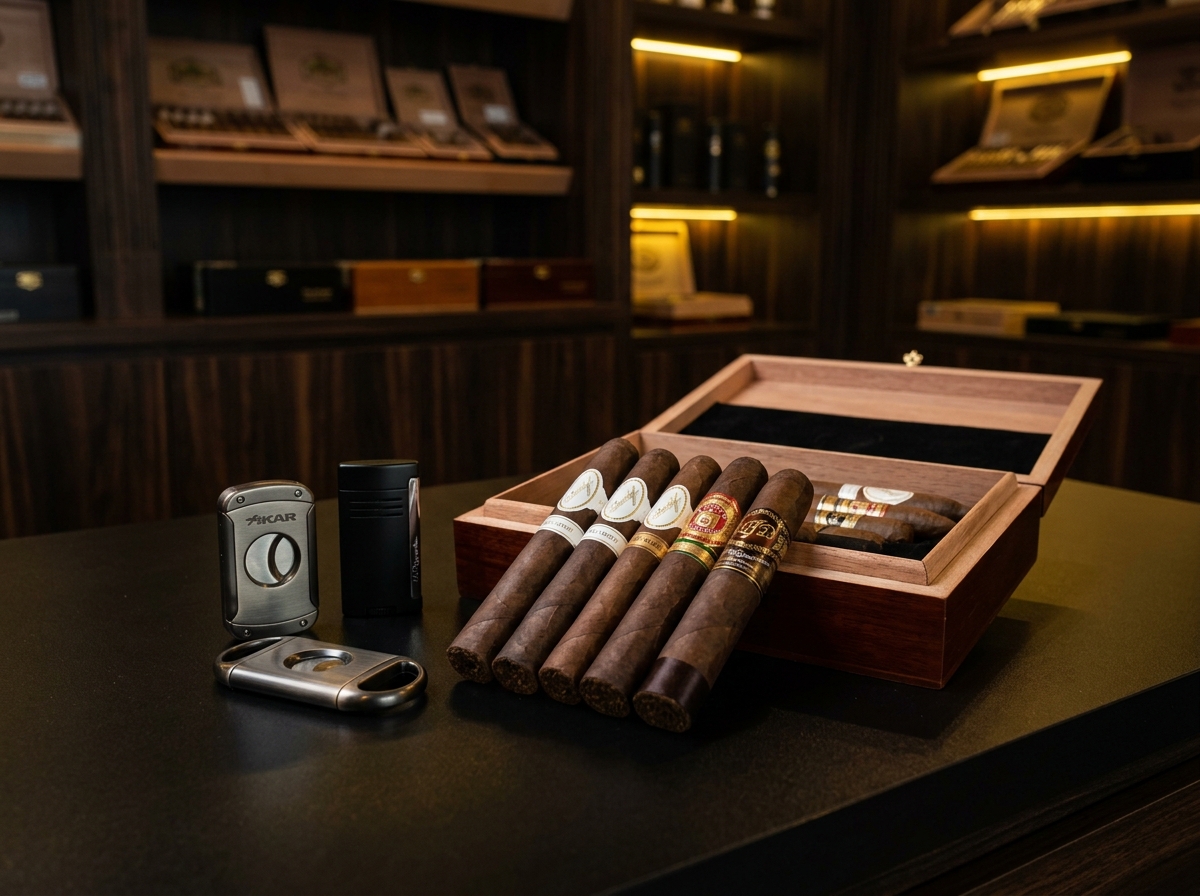 Cigarros dominicanos premium con accesorios de corte y encendido