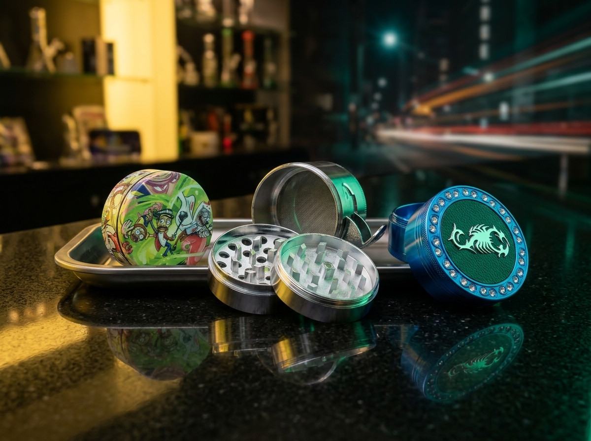 Grinders metálicos coloridos en mostrador premium