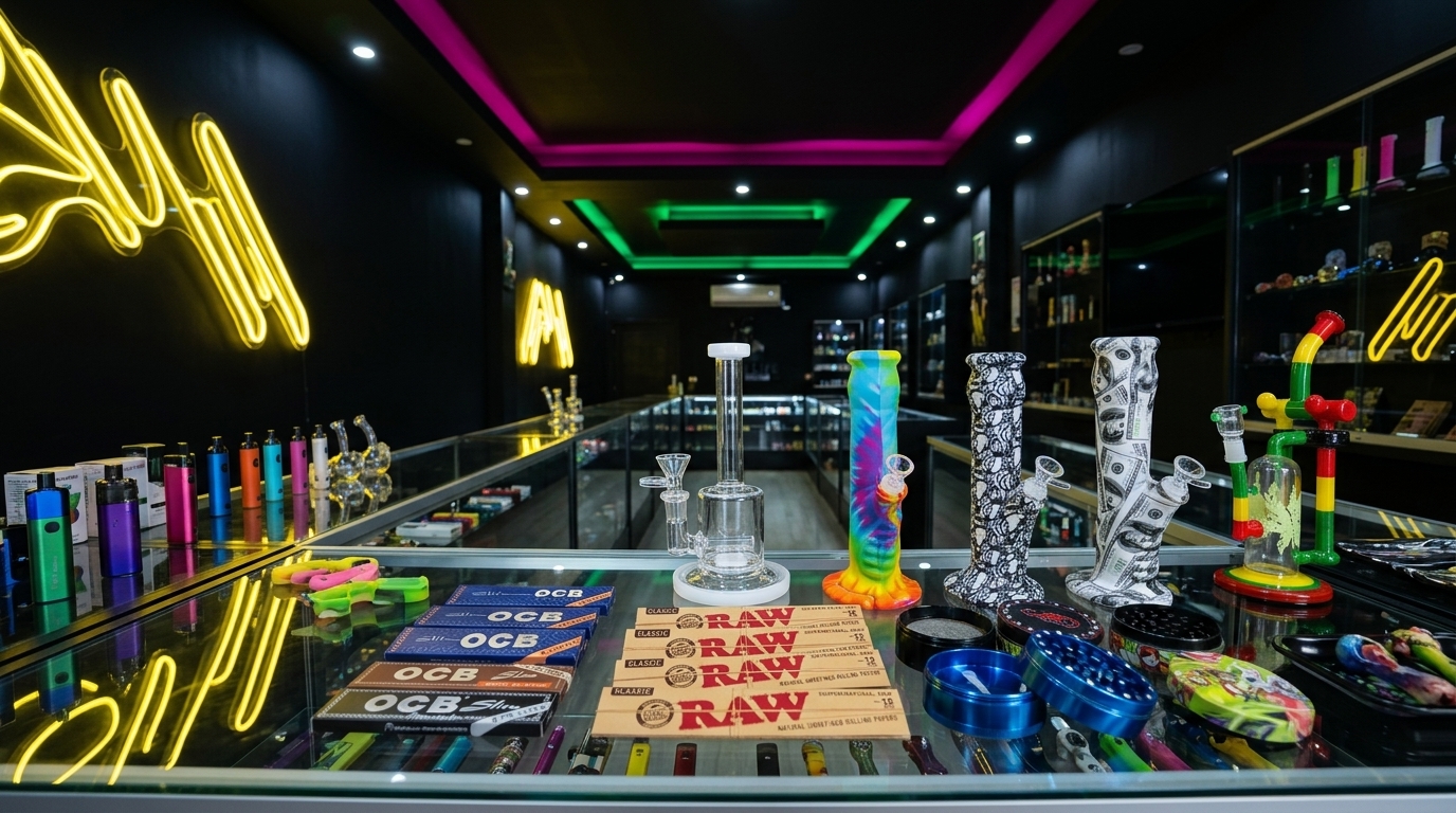 Interior premium de Highlife con vitrinas coloridas y accesorios para adultos