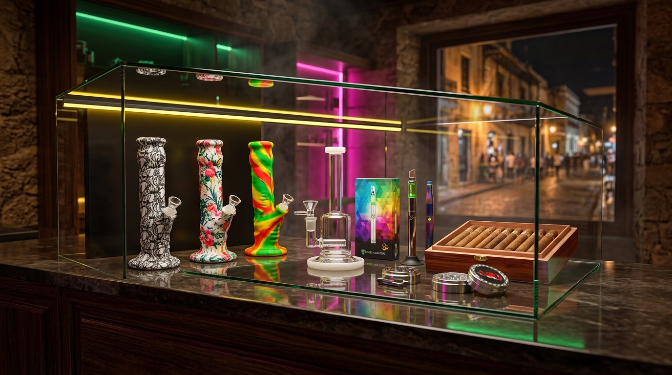Mostrador premium de smoke shop con cigarros dominicanos y accesorios