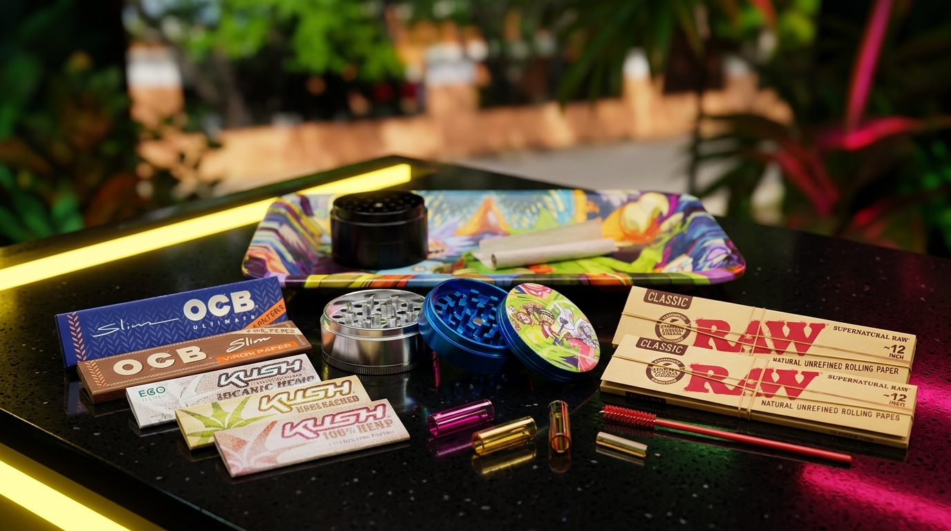 Selección colorida de papeles, grinders y accesorios en ambiente urbano tropical